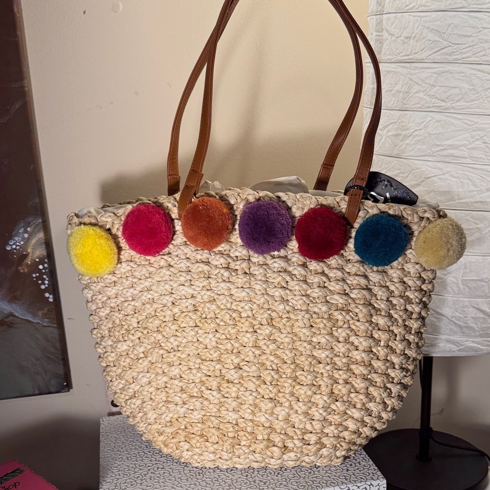 Woven Straw Tote Bag with Colorful Pom Poms NWT - Picture 3 of 6